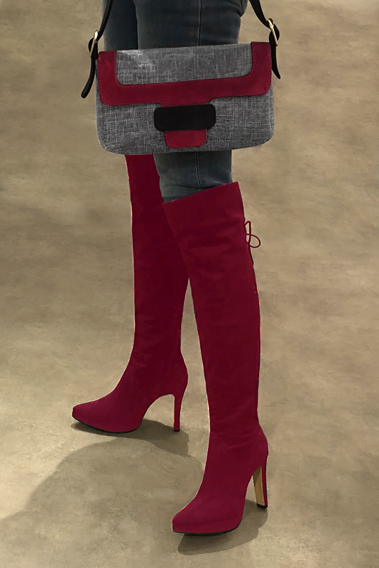 Burgundy red women's leather thigh-high boots. Tapered toe. Very high slim heel with a platform at the front. Made to measure. Worn view - Florence KOOIJMAN